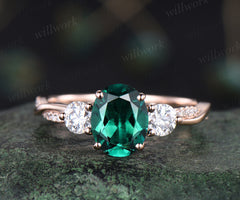 Unique oval emerald engagement ring 14k rose gold twisted moissanites ring flower May birthstone promise wedding ring for women