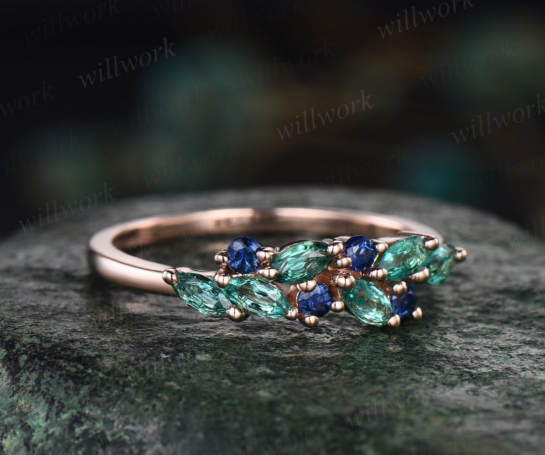 Vintage marquise emerald wedding band blue sapphire cluster stackable ring 14k rose gold unique matching band May birthstone ring