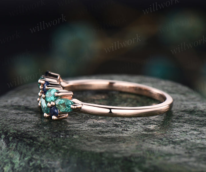 Vintage marquise emerald wedding band blue sapphire cluster stackable ring 14k rose gold unique matching band May birthstone ring