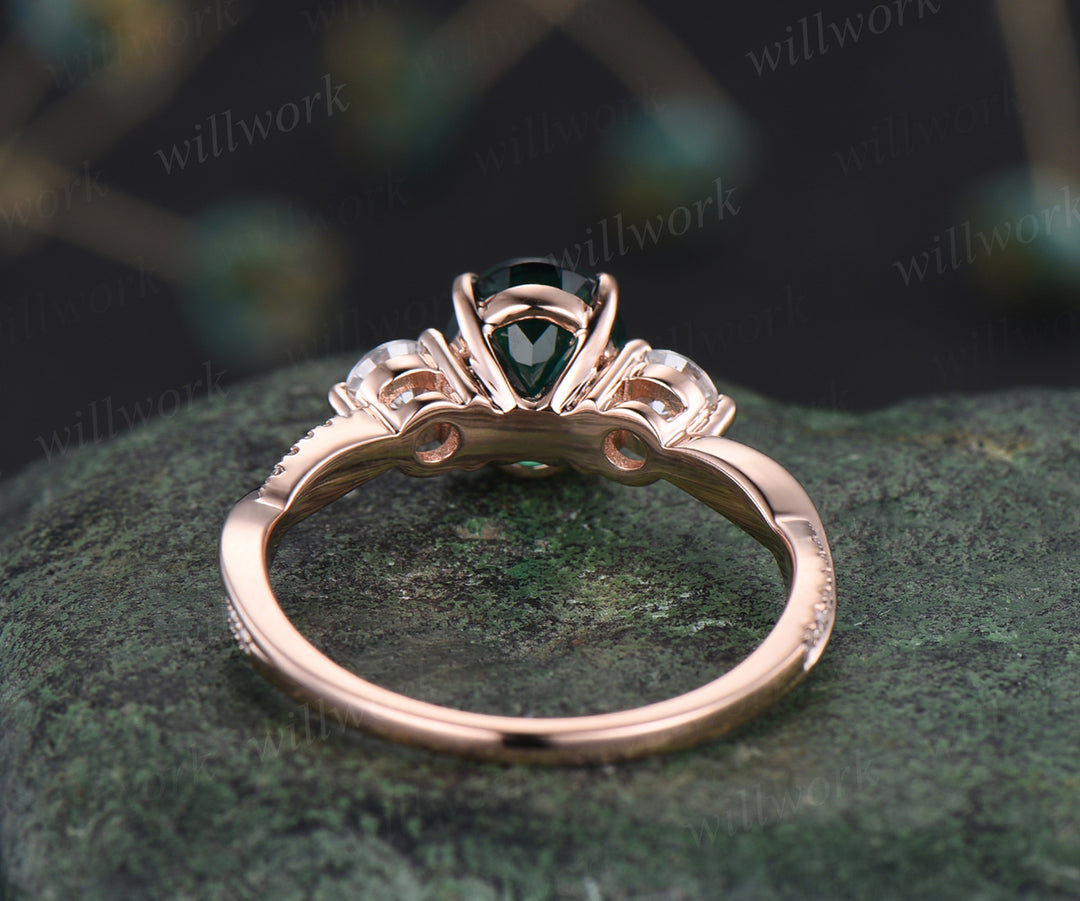 Unique oval emerald engagement ring 14k rose gold twisted moissanites ring flower May birthstone promise wedding ring for women