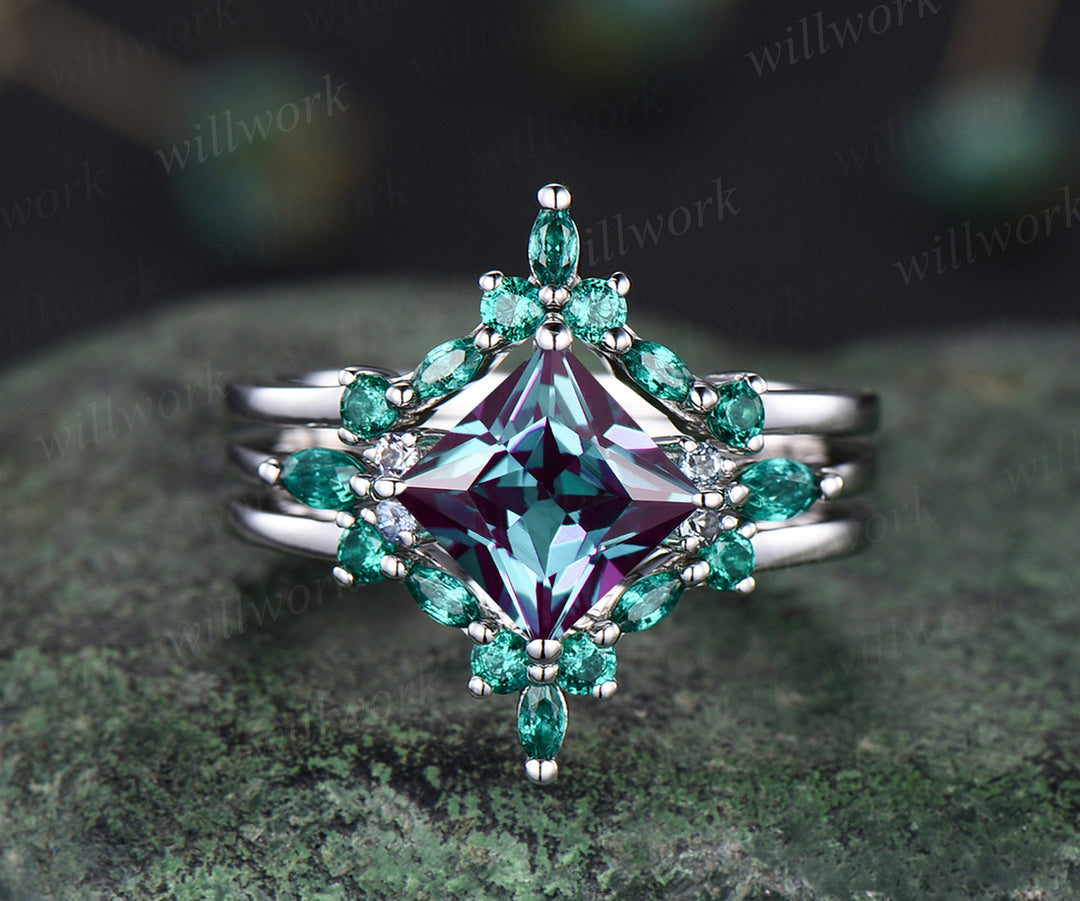 Princess cut Alexandrite engagement ring set vintage marquise emerald ring set unique art deco emerald wedding band June birthstone promise ring for women jewelry gifts