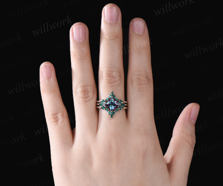 Princess cut Alexandrite engagement ring set vintage marquise emerald ring set unique art deco emerald wedding band June birthstone promise ring for women jewelry gifts