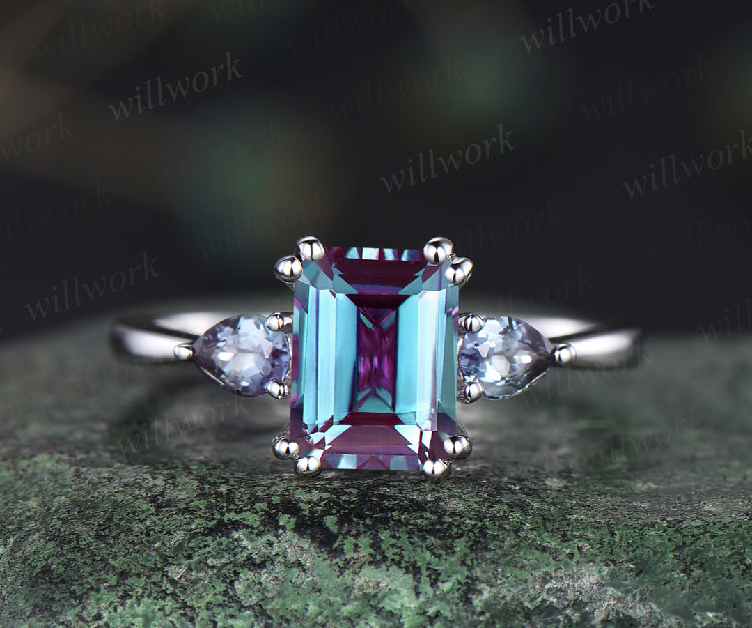Vintage emerald alexandrite engagement ring unique double prong 3 stones ring deco pear alexandrite June birthstone promise ring anniversary gifts