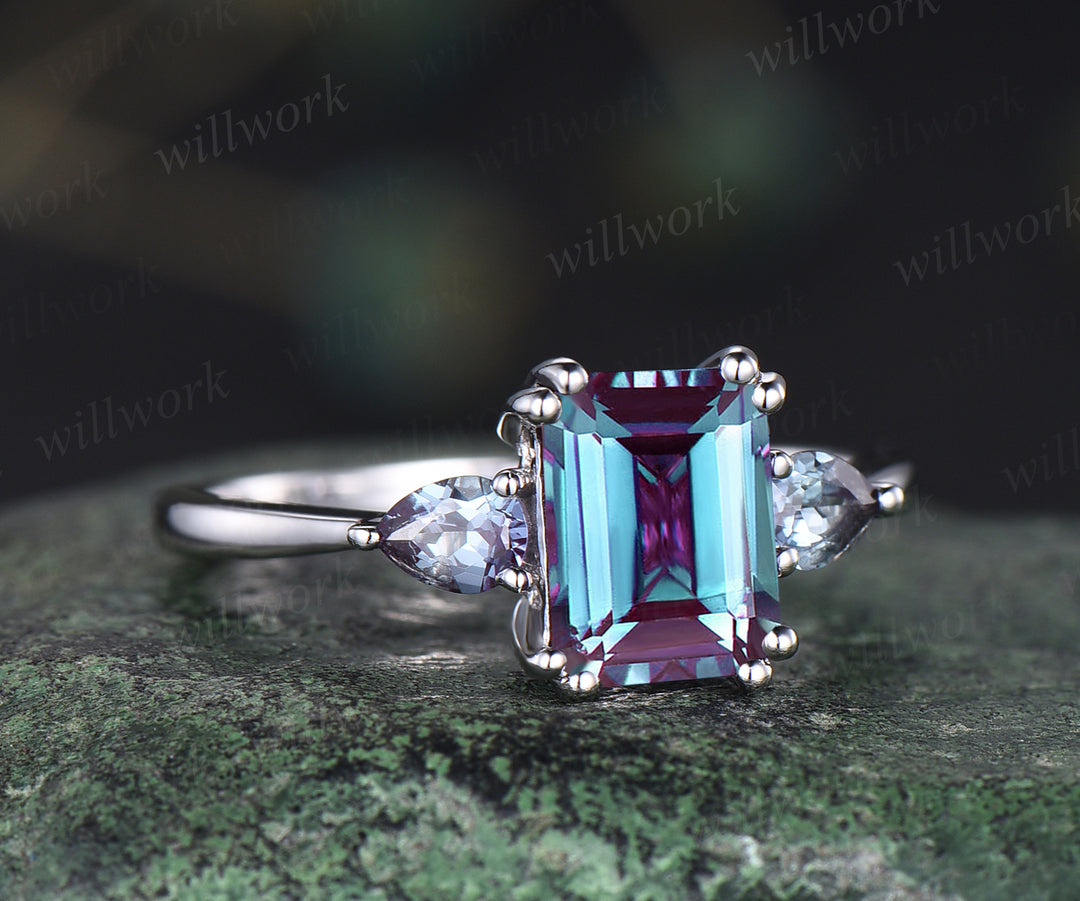 Vintage emerald alexandrite engagement ring unique double prong 3 stones ring deco pear alexandrite June birthstone promise ring anniversary gifts