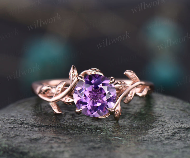 Vintage 1ct round purple amethyst engagement ring leaf 14k white gold ring branch twig nature inspired five stone bridal wedding ring women