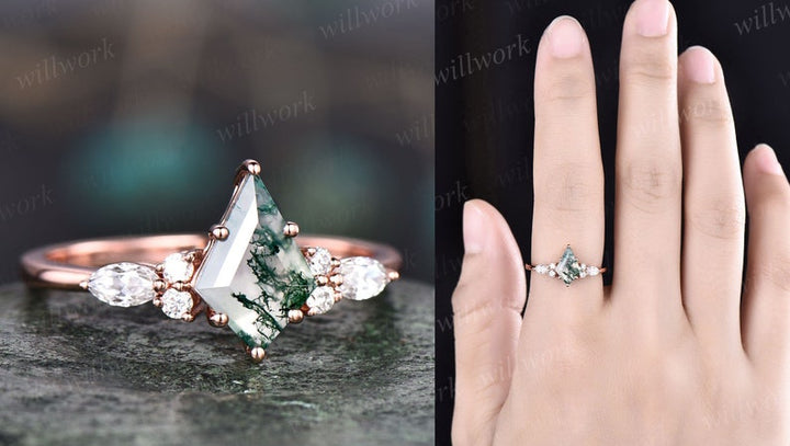 Vintage kite cut green moss agate engagement ring set 14k rose gold marquise cut moissanite ring for women unique bridal wedding ring set