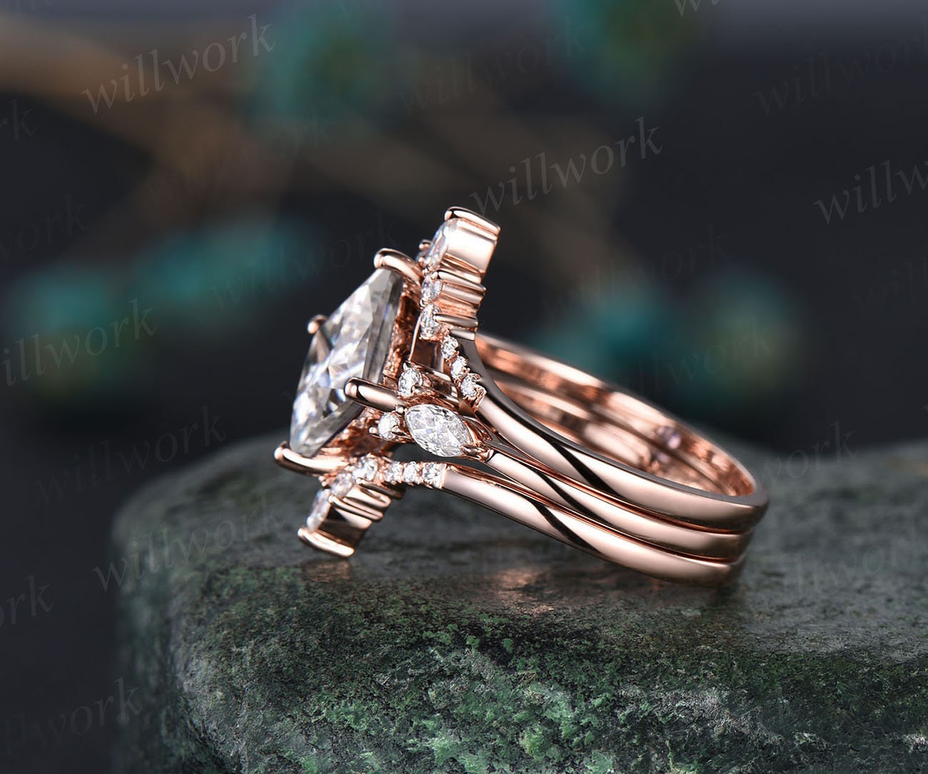 Vintage princess cut moissanite engagement ring set 14k rose gold uniq WILLWORK JEWELRY