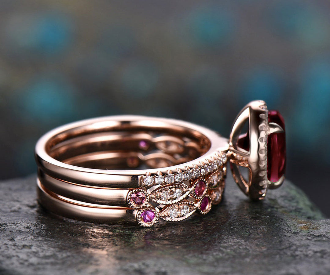 Unique engagement ring set oval garnet engagement ring set vintage natural ruby ring art deco diamond ring set 14k rose gold for women gift