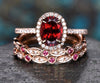 Unique engagement ring set oval garnet engagement ring set vintage natural ruby ring art deco diamond ring set 14k rose gold for women gift