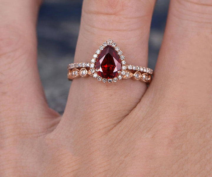 Red Garnet engagement ring-Solid 14k rose gold- Diamond Bridal ring Set-Stacking band-6x8mm Pear shaped cut gemstone promise ring for her