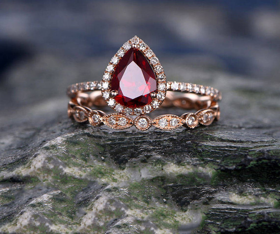 Red Garnet engagement ring-Solid 14k rose gold- Diamond Bridal ring Set-Stacking band-6x8mm Pear shaped cut gemstone promise ring for her