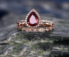 Red Garnet engagement ring-Solid 14k rose gold- Diamond Bridal ring Set-Stacking band-6x8mm Pear shaped cut gemstone promise ring for her
