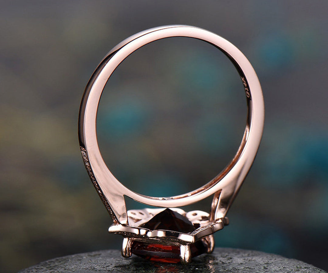 Red natural garnet engagement ring-Solid 14k Rose gold-handmade Diamond Wedding ring band -Stacking ring-7mm cushion shape gemstone-Floral