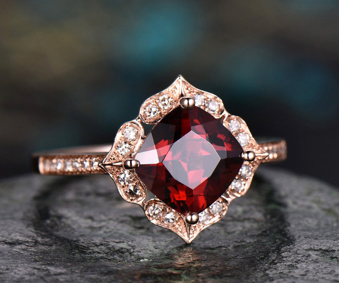 Red natural garnet engagement ring-Solid 14k Rose gold-handmade Diamond Wedding ring band -Stacking ring-7mm cushion shape gemstone-Floral