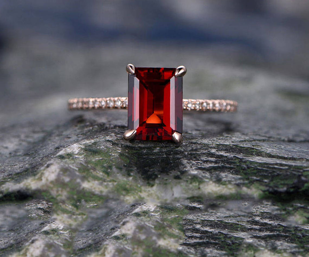 Red Garnet engagement ring-14k Rose gold-handmade real diamond bridal ring-Classic Design-8x6mm Emerald Cut gemstone promise ring-birthstone