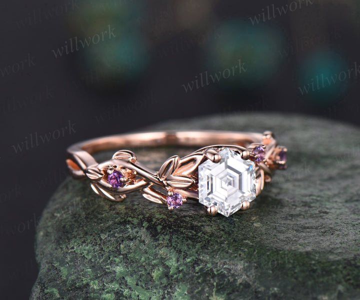 Unique hexagon shape moissanite engagement ring twig leaf natural amethyst ring vintage birthstones ring proposal wedding ring for women
