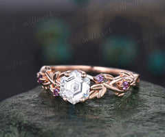 Unique hexagon shape moissanite engagement ring twig leaf natural amethyst ring vintage birthstones ring proposal wedding ring for women