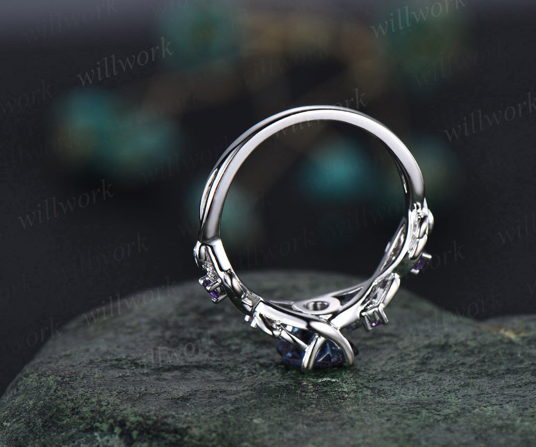 Alexandrite ring vintage hexagon cut Alexandrite engagement ring white gold leaf amethyst ring silver June birthstone ring anniversary ring