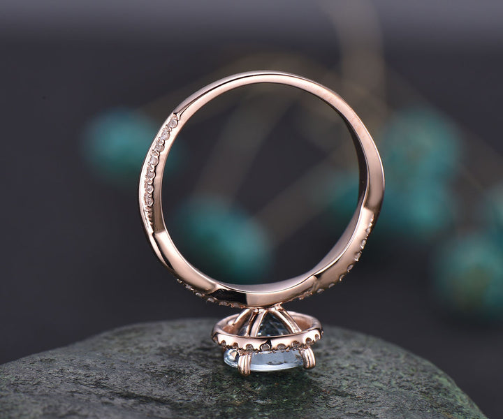 Vintage blue labradorite engagement ring halo twisted ring solid 14k rose gold band anniversary birthday gifts for women