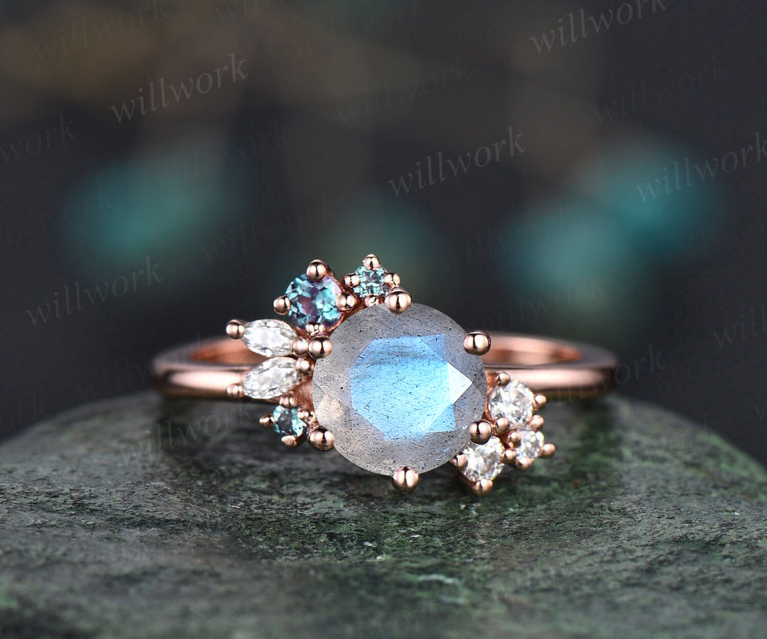 Round cut labradorite engagement ring rose gold unique alexandrites moissanites cluster bridal ring art deco blue gemstone ring for women
