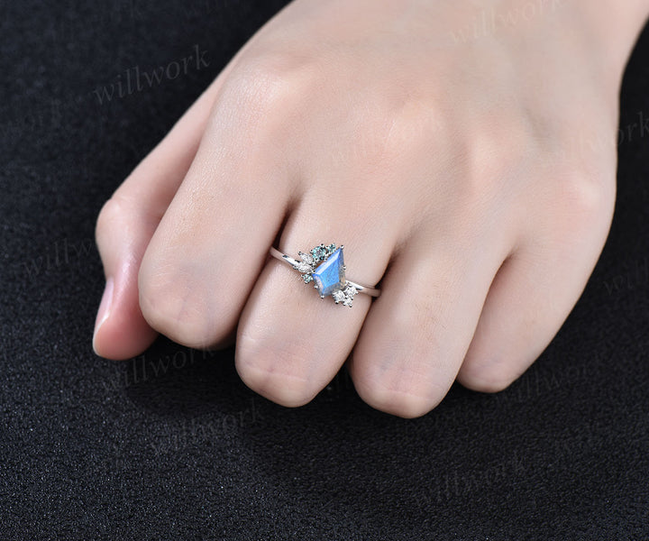 Unique kite cut labradorite engagement ring cluster alexandrite moissanite ring blue gemstone promise bridal ring handmade jewelry gifts