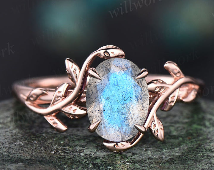 Natural blue labradorite engagement ring art deco leaf twig solitaire ring solid 14k rose gold band alternative moonstone ring jewelry gifts