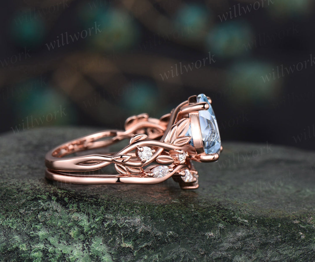 Twig pear shaped Aquamarine engagement ring set rose gold five stone leaf branch Nature inspired ring diamond wedding ring set women jewelry