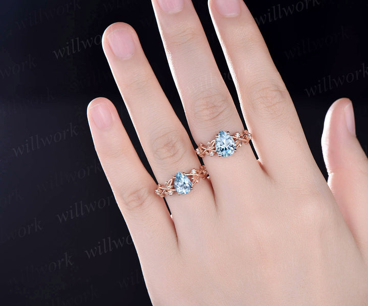 Twig pear shaped Aquamarine engagement ring set rose gold five stone leaf branch Nature inspired ring diamond wedding ring set women jewelry