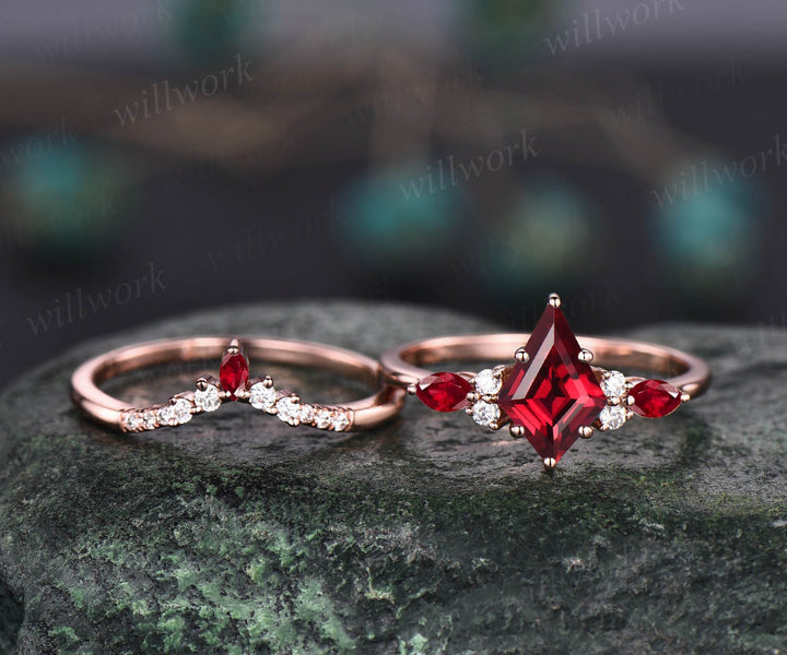 Kite cut red ruby engagement ring art deco rose gold moissanite ring marquise cut natural ruby ring vintage wedding bridal ring set women