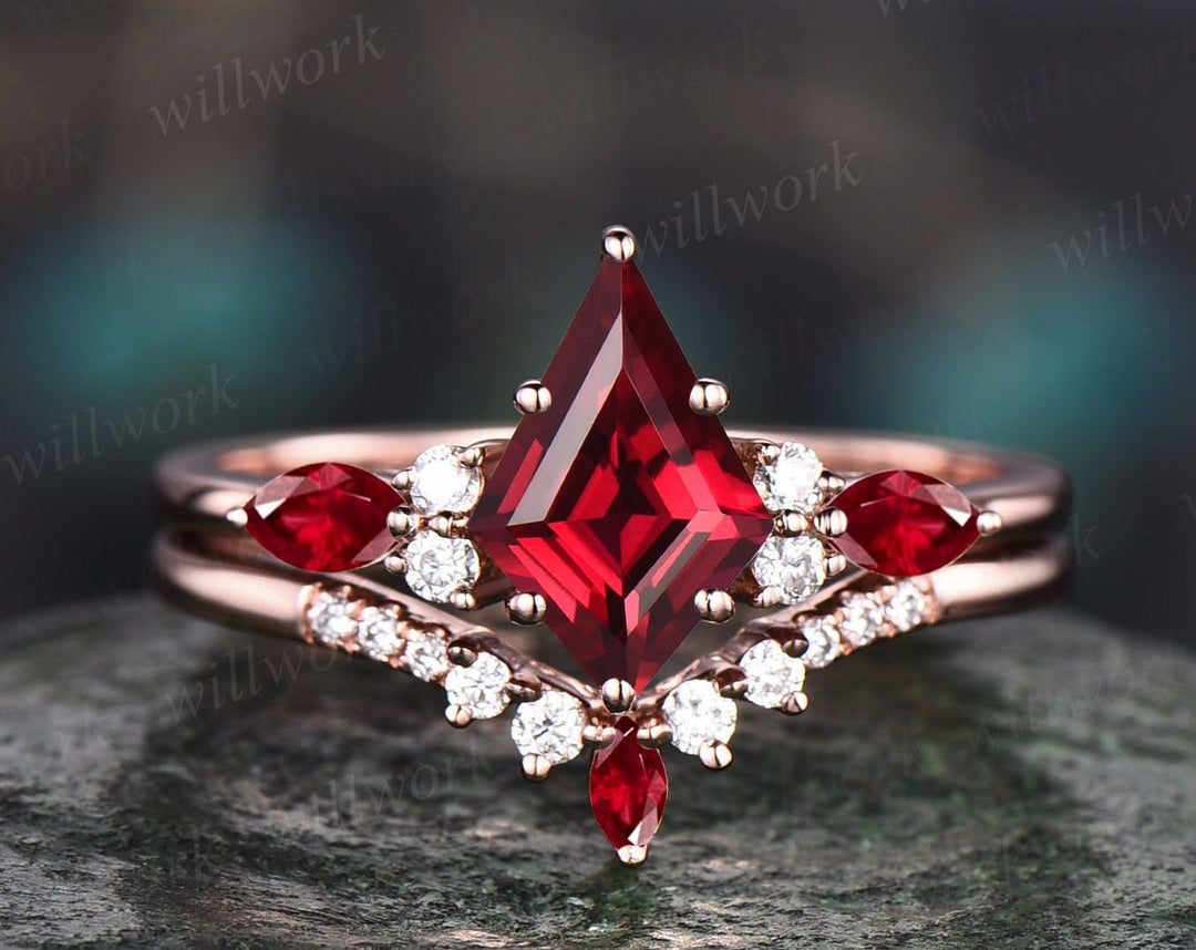 Kite cut red ruby engagement ring art deco rose gold moissanite ring m ...