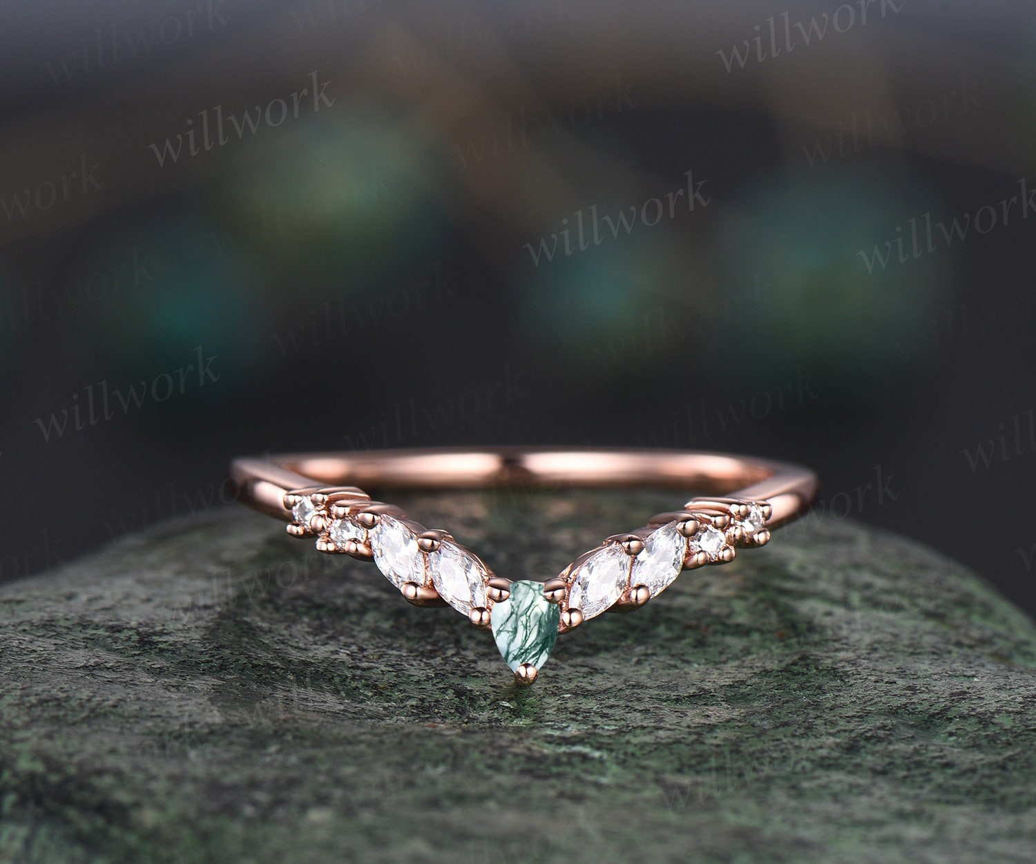 Antique deals pear shaped moss agate and moissanite engagement ring cluster rose gold unique gemstone wedding ring bridal green moss jewelry gift