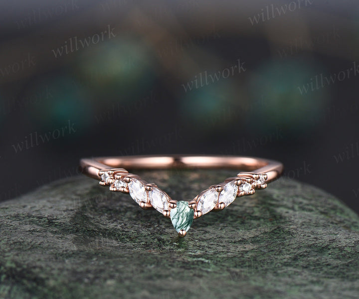 Vintage pear shaped green moss agate engagement ring set 14k rose gold art deco dainty diamond ring unique bridal wedding ring set women