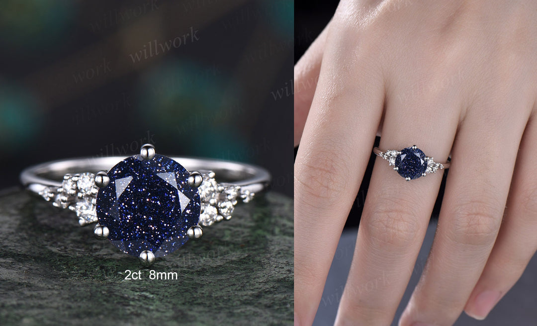 Vintage round blue sandstone engagement ring white gold unique snowdrift 6 prong engagement ring dainty diamond wedding ring for women gift
