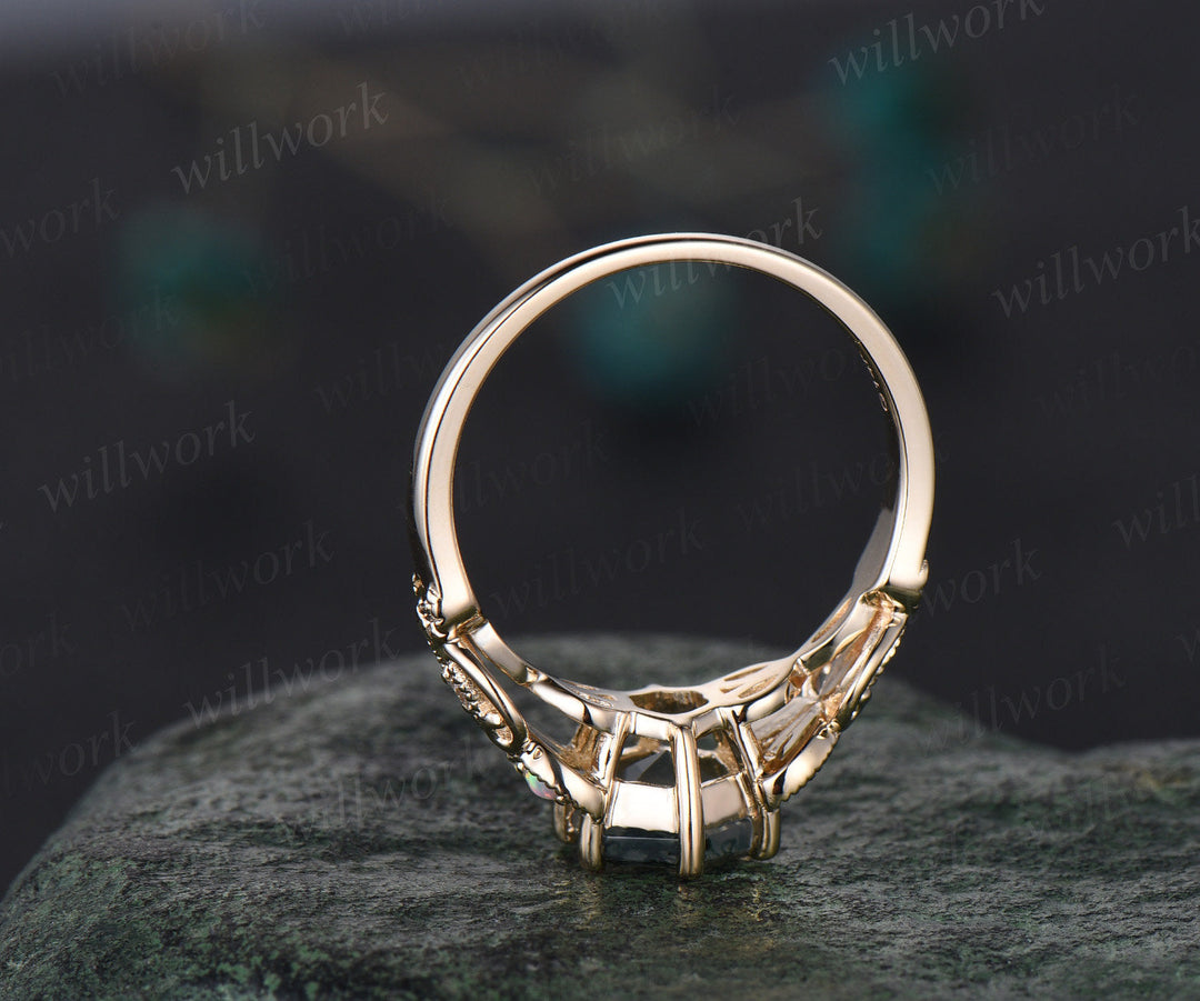 Hexagon Alexandrite ring vintage leaf opal ring 14k yellow gold unique butterfly engagement ring women Milgrain moissanite wedding ring gift
