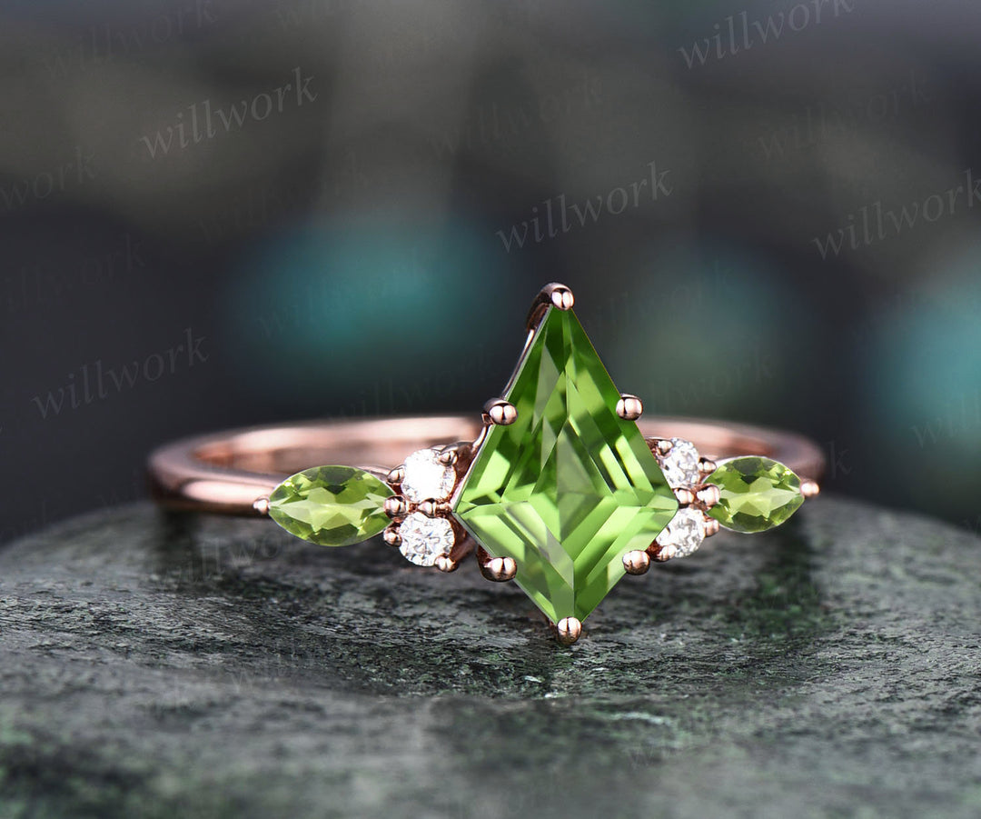 Vintage kite cut green peridot engagement ring set 14k rose gold marquise cut peridot ring for women unique promise bridal wedding ring set