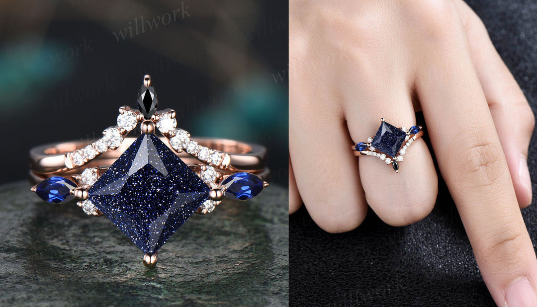 Vintage princess cut blue sandstone engagement ring 14k rose gold stacking sapphire moissanite wedding bridal ring set women anniversary gift