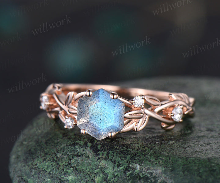 Hexagon cut blue labradorite engagement ring twig leaf moissanite ring solid 14k rose gold anniversary ring jewelry gifts