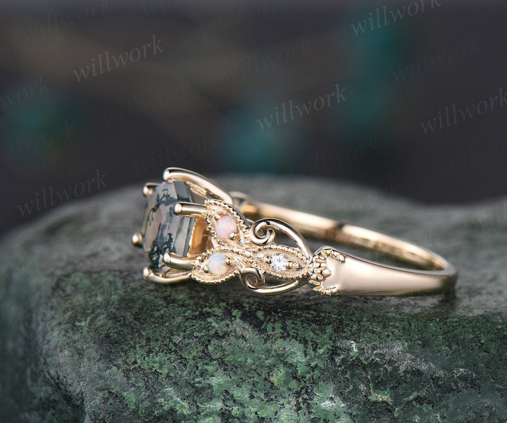 Hexagon moss agate ring vintage leaf opal ring 14k yellow gold unique butterfly engagement ring women Milgrain moissanite wedding ring gift