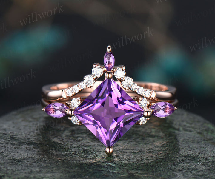 Vintage princess cut amethyst engagement ring rose gold art deco stacking moissanite wedding bridal ring set women purple gemstone gift