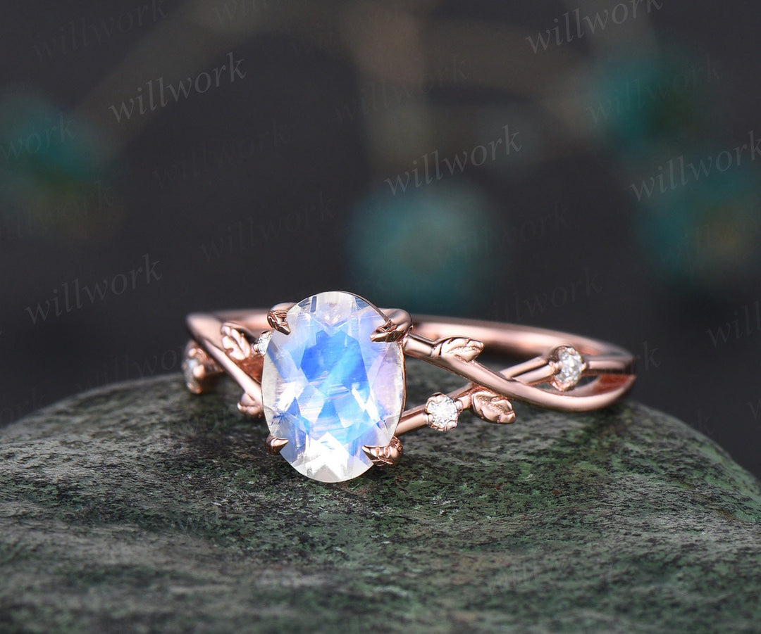 Oval moonstone ring vintage twisted leaf nature inspired engagement ring women five stone diamond anniversary bridal wedding ring set gift