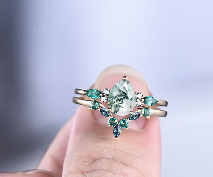 Vintage pear moss agate engagement ring 14k rose gold marquise alexandrite ring green gemstone ring art deco unique wedding ring set women