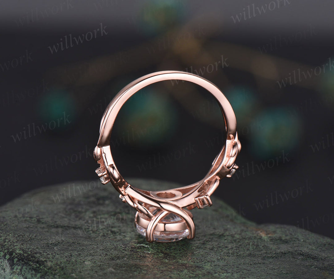 Vintage round black rutilated quartz engagement ring women 14k rose gold leaf branch Nature inspired moissanite wedding promise ring set