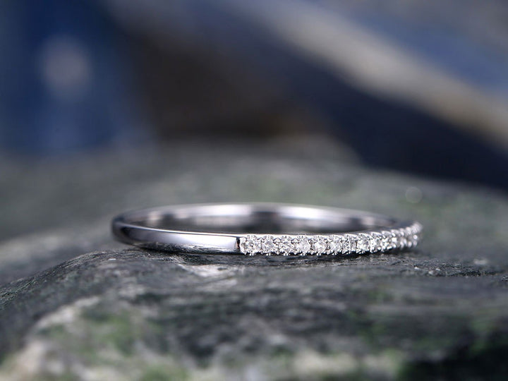 Diamond wedding ring-Solid 14k white gold -handmade diamond stacking ring-half eternity- 1mm thin Matching band-tiny round cut stones