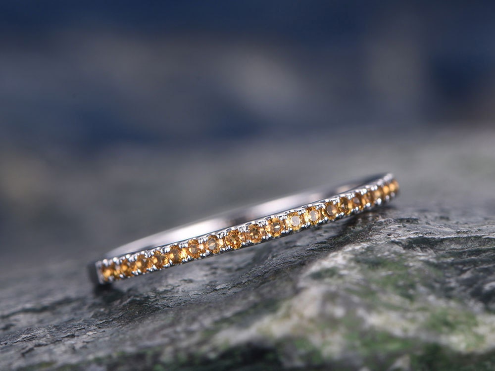 Natural Citrine wedding ring-solid 14k white gold-handmade unique ring-half eternity-Petite 1.2mm Matching band-tiny stones promise ring