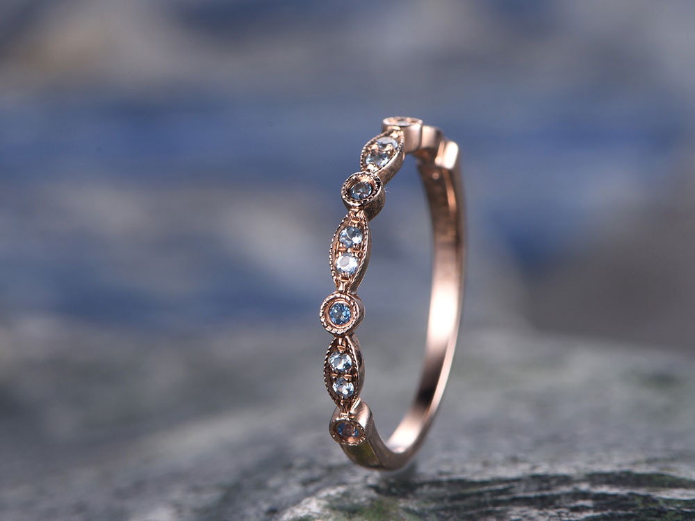 blue topaz wedding ring rose gold marquise diamond ring half eternity art deco matching stacking band tiny stones promise ring gift for her