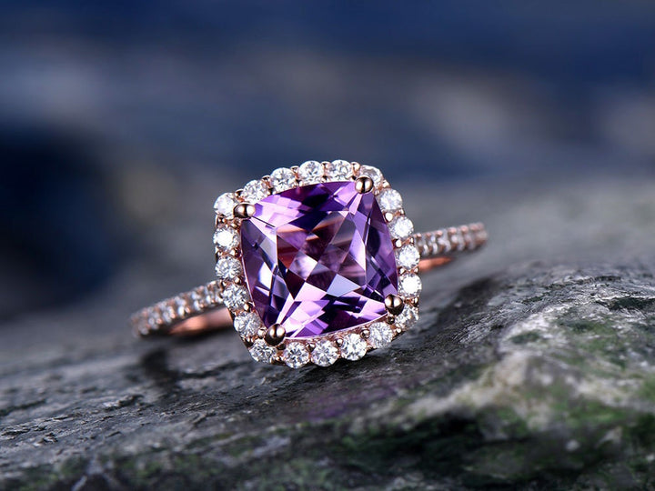 Purple Amethyst engagement ring-Solid 14k rose gold-handmade diamond ring-Halo stacking band-8x8mm Cushion cut gemstone promise ring