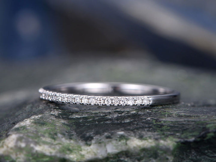 Diamond wedding ring-Solid 14k white gold -handmade diamond stacking ring-half eternity- 1mm thin Matching band-tiny round cut stones