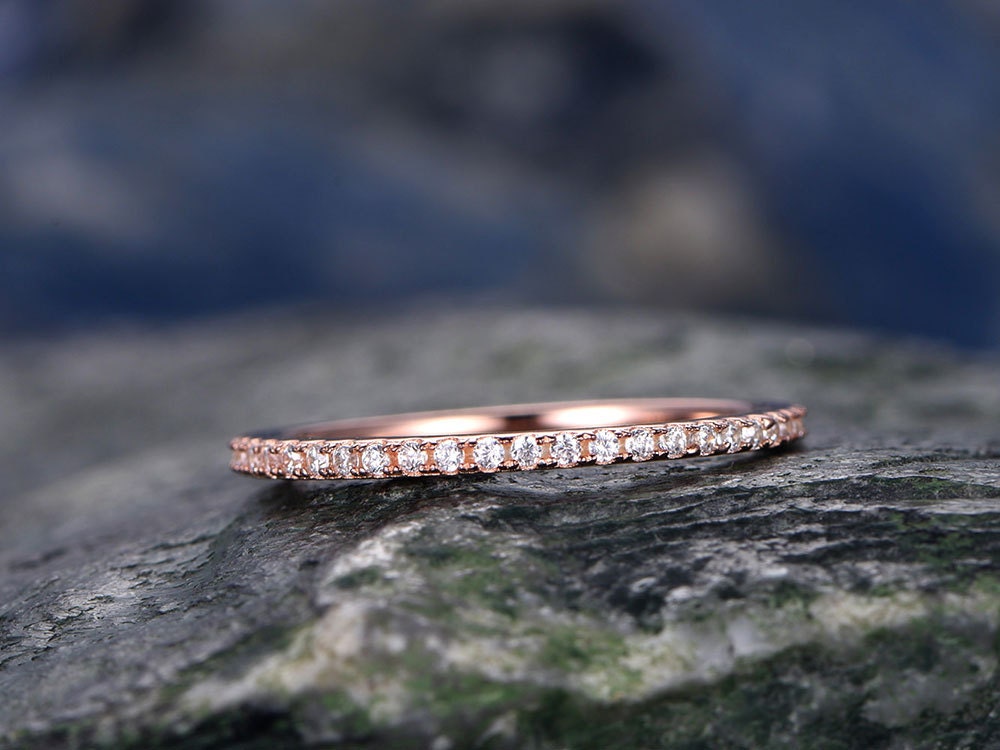 Diamond wedding ring-Solid 14k Rose gold-handmade diamond stacking ring-Full eternity band- 1mm thin Matching band-tiny round cut stones