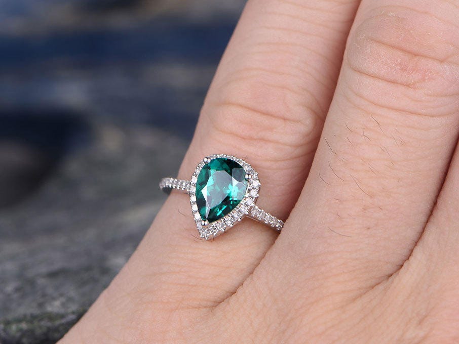 Green emerald engagement ring white gold handmade diamond halo ring tear drop 8x6mm pear cut gemstone promise ring gift for her Lab emerald