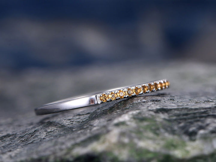 Natural Citrine wedding ring-solid 14k white gold-handmade unique ring-half eternity-Petite 1.2mm Matching band-tiny stones promise ring